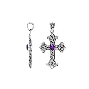 Sterling silver cross pendant with faceted amethyst Quartz and Balinese textured silver design, wholesale artisan jewelry.
