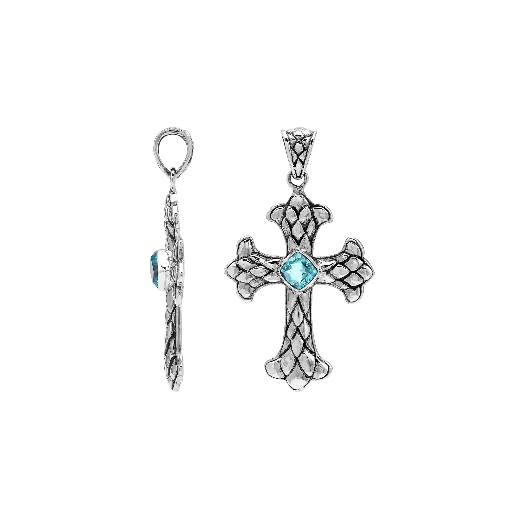 Sterling silver cross pendant with faceted Blue Topaz  Quartz and Balinese textured silver design, wholesale artisan jewelry.
