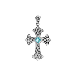 Sterling silver cross pendant with faceted Blue Topaz  Quartz and Balinese textured silver design, wholesale artisan jewelry.