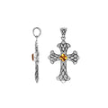 Sterling silver cross pendant with faceted Citrine Quartz  and Balinese textured silver design, wholesale artisan jewelry.