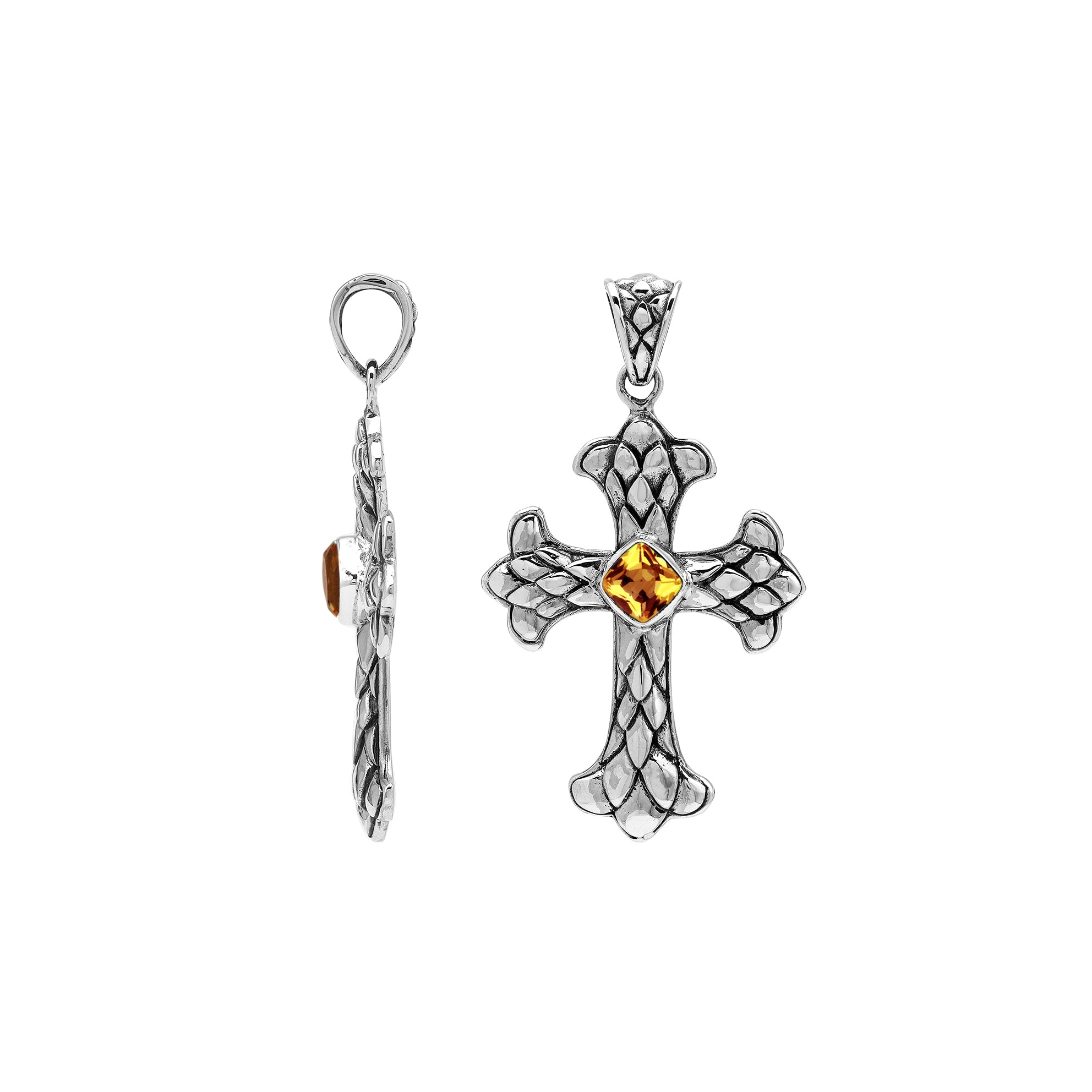 Sterling silver cross pendant with faceted Citrine Quartz  and Balinese textured silver design, wholesale artisan jewelry.