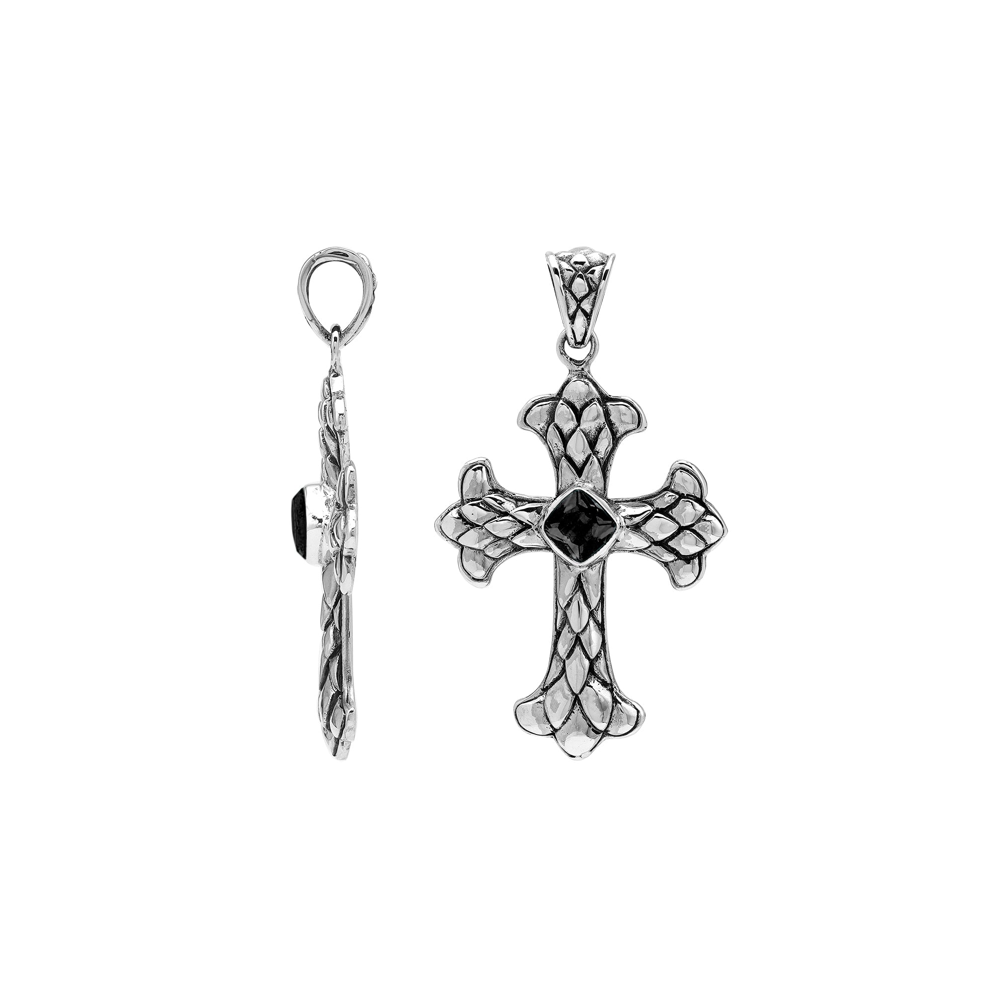 Sterling silver cross pendant with faceted black onyx and Balinese textured silver design, wholesale artisan jewelry.