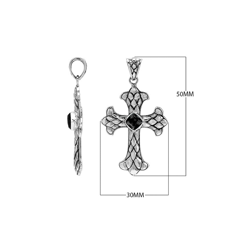 Sterling silver cross pendant with faceted black onyx and Balinese textured silver design, wholesale artisan jewelry.