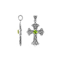 Sterling silver cross pendant with faceted peridot gemstone and Balinese textured silver design, wholesale artisan jewelry.