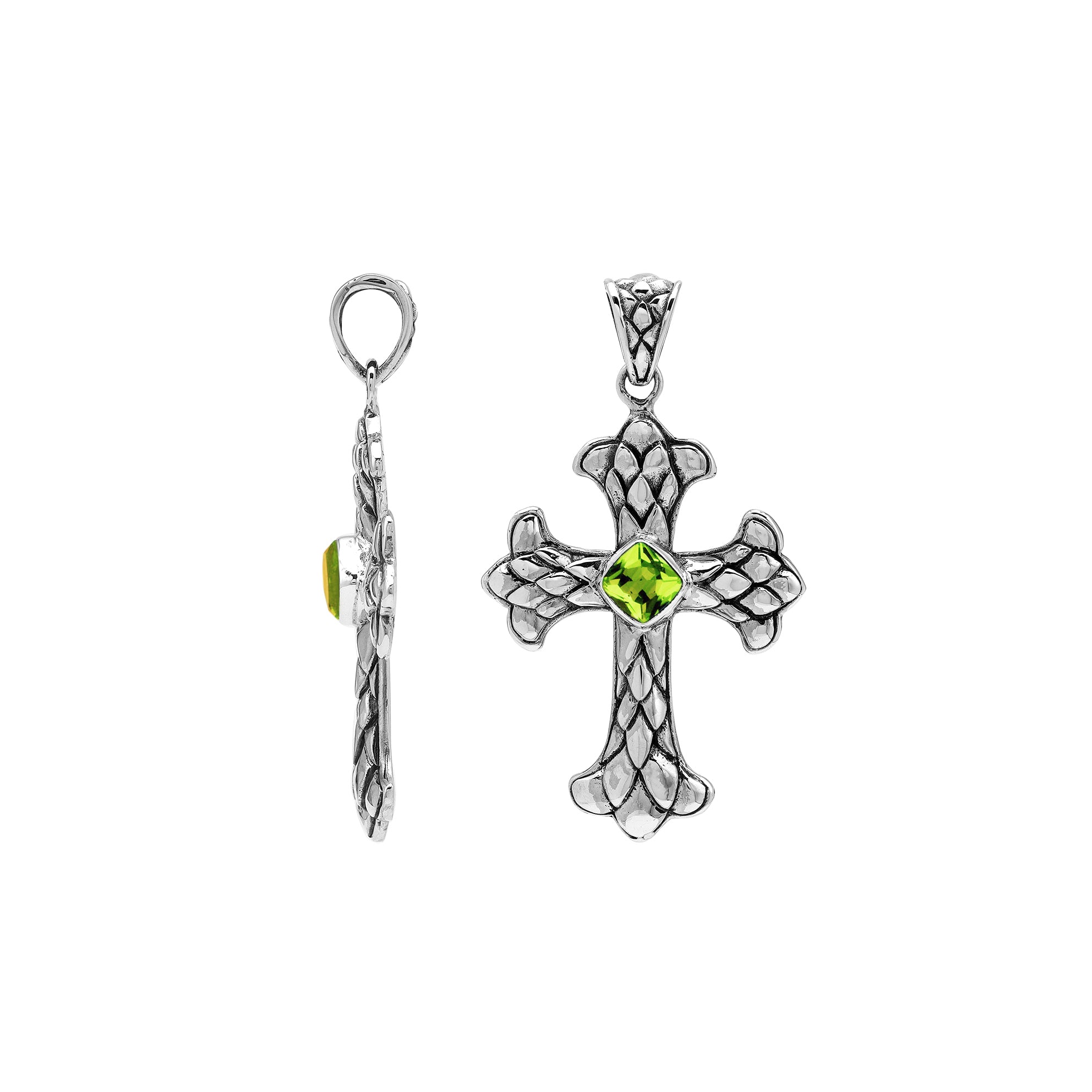 Sterling silver cross pendant with faceted peridot gemstone and Balinese textured silver design, wholesale artisan jewelry.