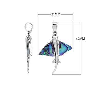 Sterling silver manta ray pendant with abalone shell inlay, handcrafted Balinese nautical jewelry.