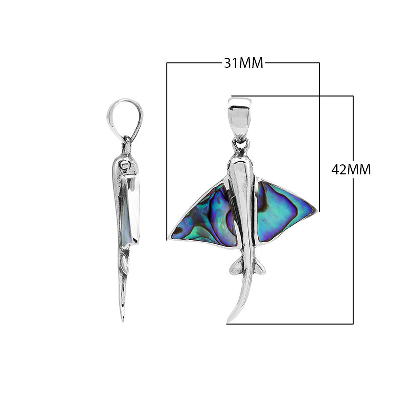 Sterling silver manta ray pendant with abalone shell inlay, handcrafted Balinese nautical jewelry.