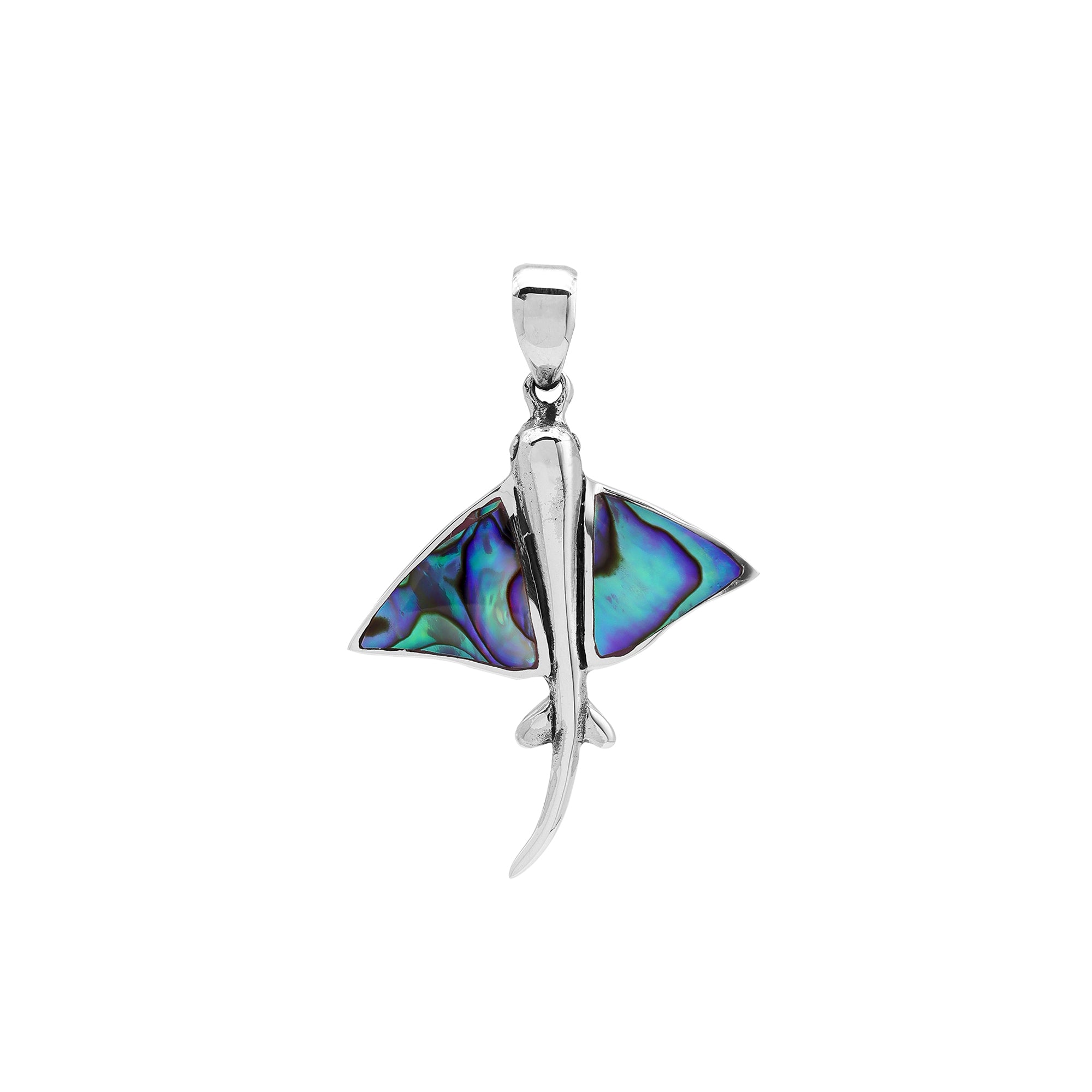 Sterling silver manta ray pendant with abalone shell inlay, handcrafted Balinese nautical jewelry.