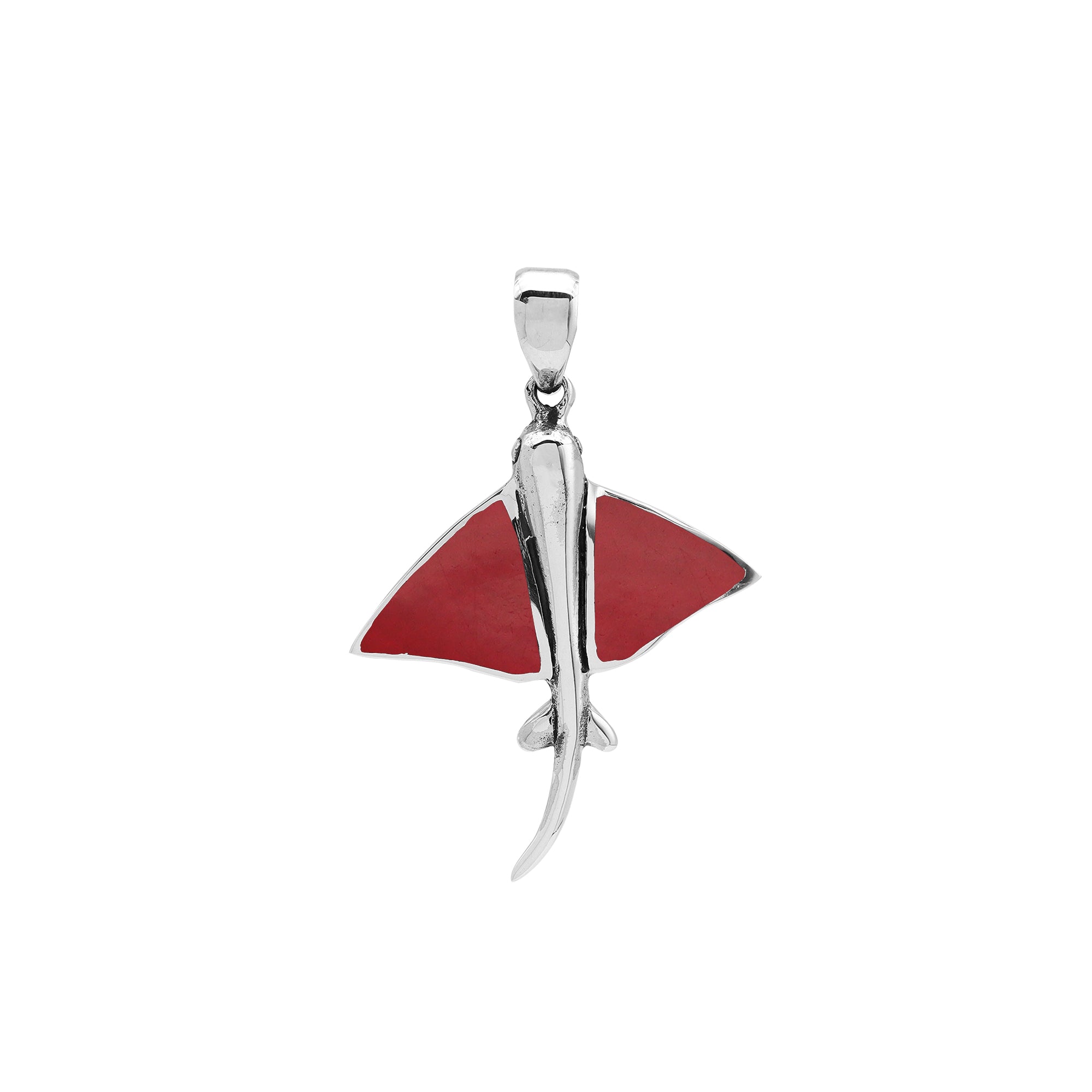 Sterling silver manta ray pendant with red coral inlay, handcrafted Balinese nautical jewelry.
