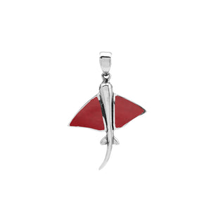 Sterling silver manta ray pendant with red coral inlay, handcrafted Balinese nautical jewelry.