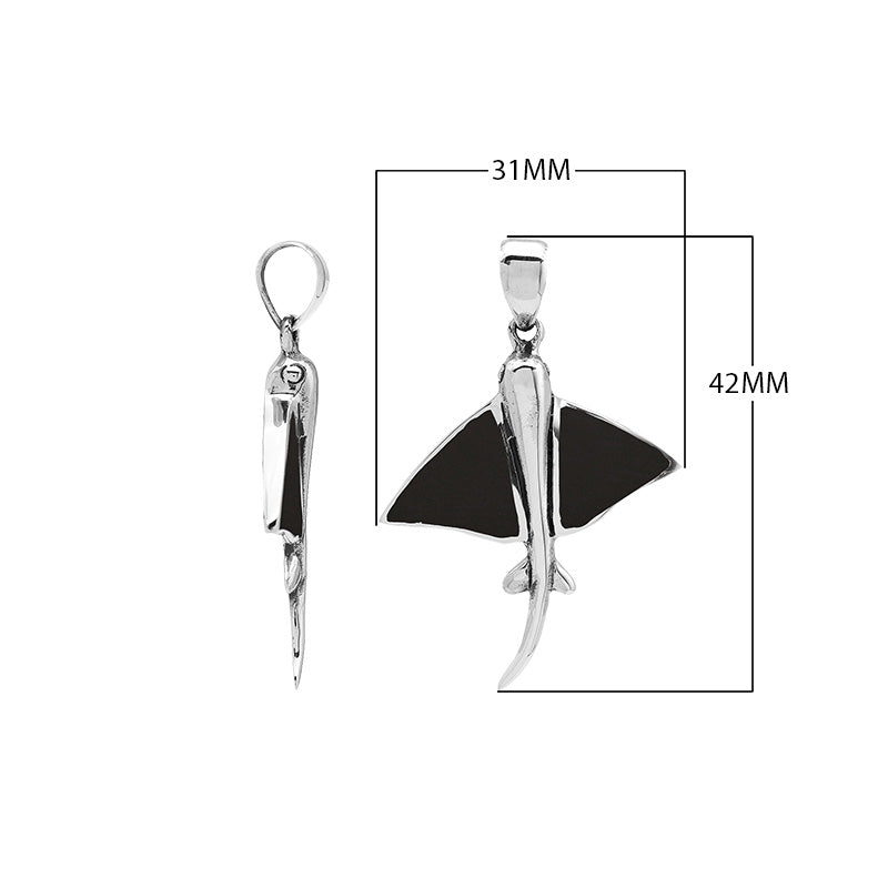 Sterling silver Mantaray pendant with black shell inlay, handcrafted Balinese nautical jewelry.