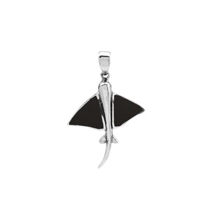 Sterling silver Mantaray pendant with black shell inlay, handcrafted Balinese nautical jewelry.