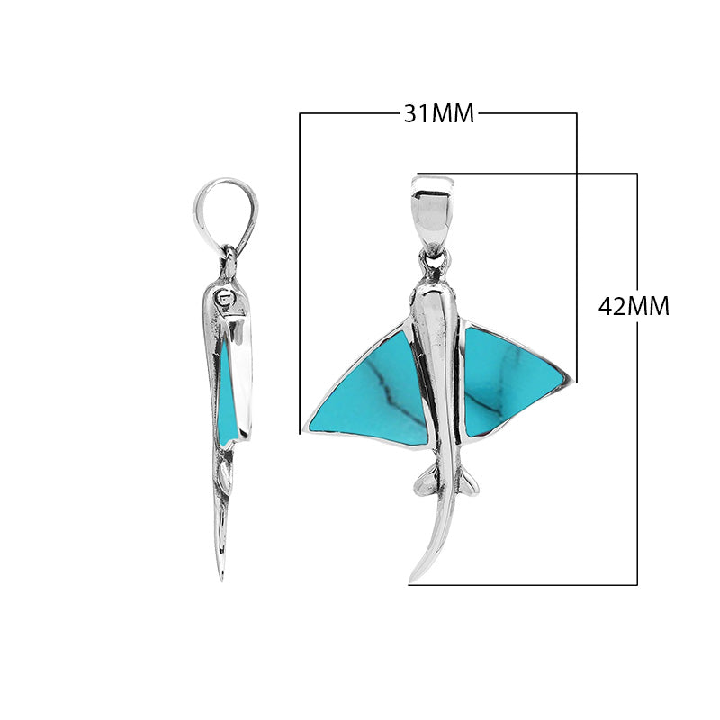  Sterling silver stingray pendant with turquoise shell inlay, handcrafted in Bali