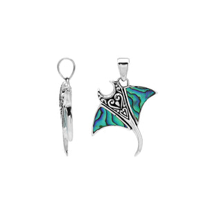 Sterling silver Mantaray pendant with abalone shell inlay and Balinese swirl carvings – wholesale jewelry