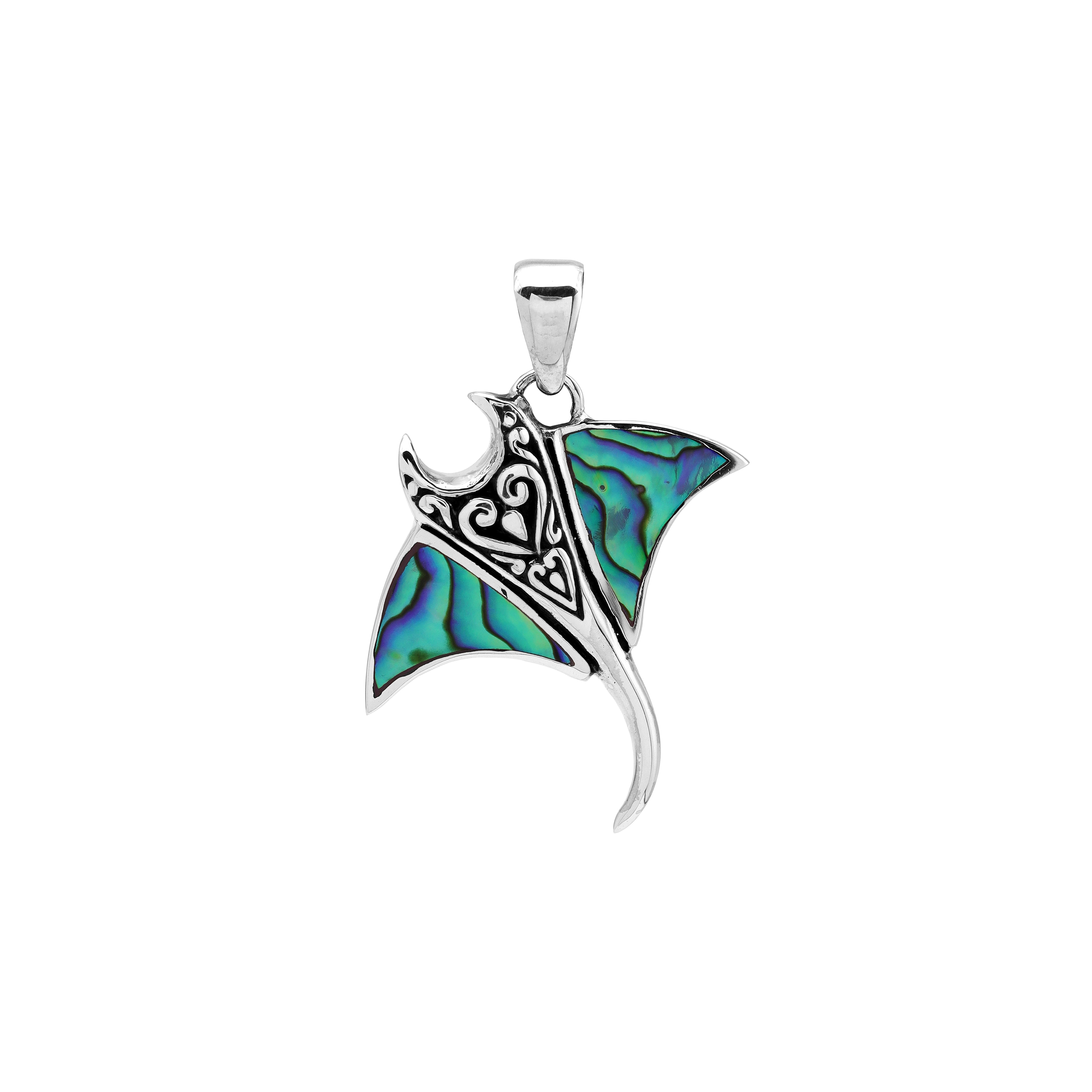 Sterling silver Mantaray pendant with abalone shell inlay and Balinese swirl carvings – wholesale jewelry