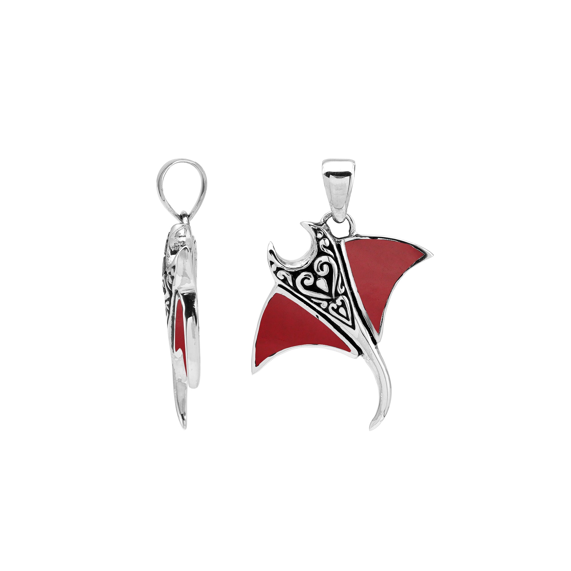 Sterling silver Mantaray pendant with red shell inlay and Balinese carvings – wholesale jewelry