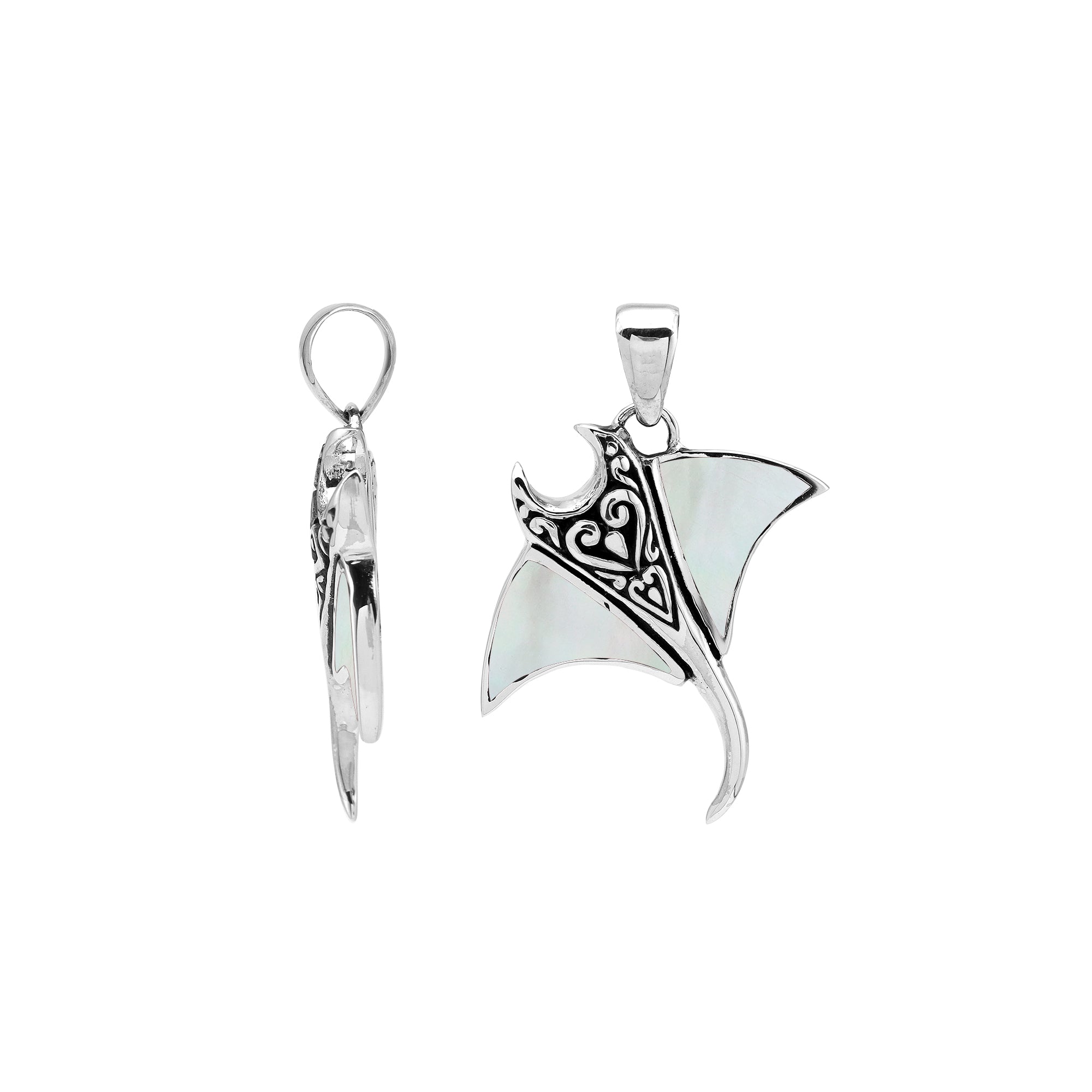 Sterling silver Mantaray pendant with white mother of pearl inlay and Balinese carvings – wholesale jewelry