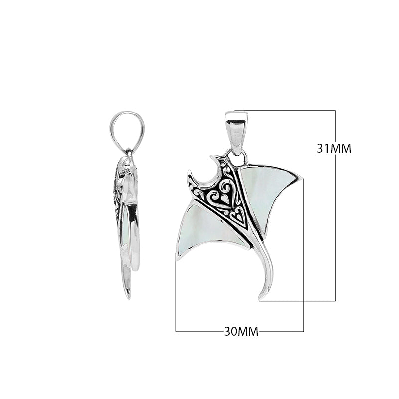 Sterling silver Mantaray pendant with white mother of pearl inlay and Balinese carvings – wholesale jewelry