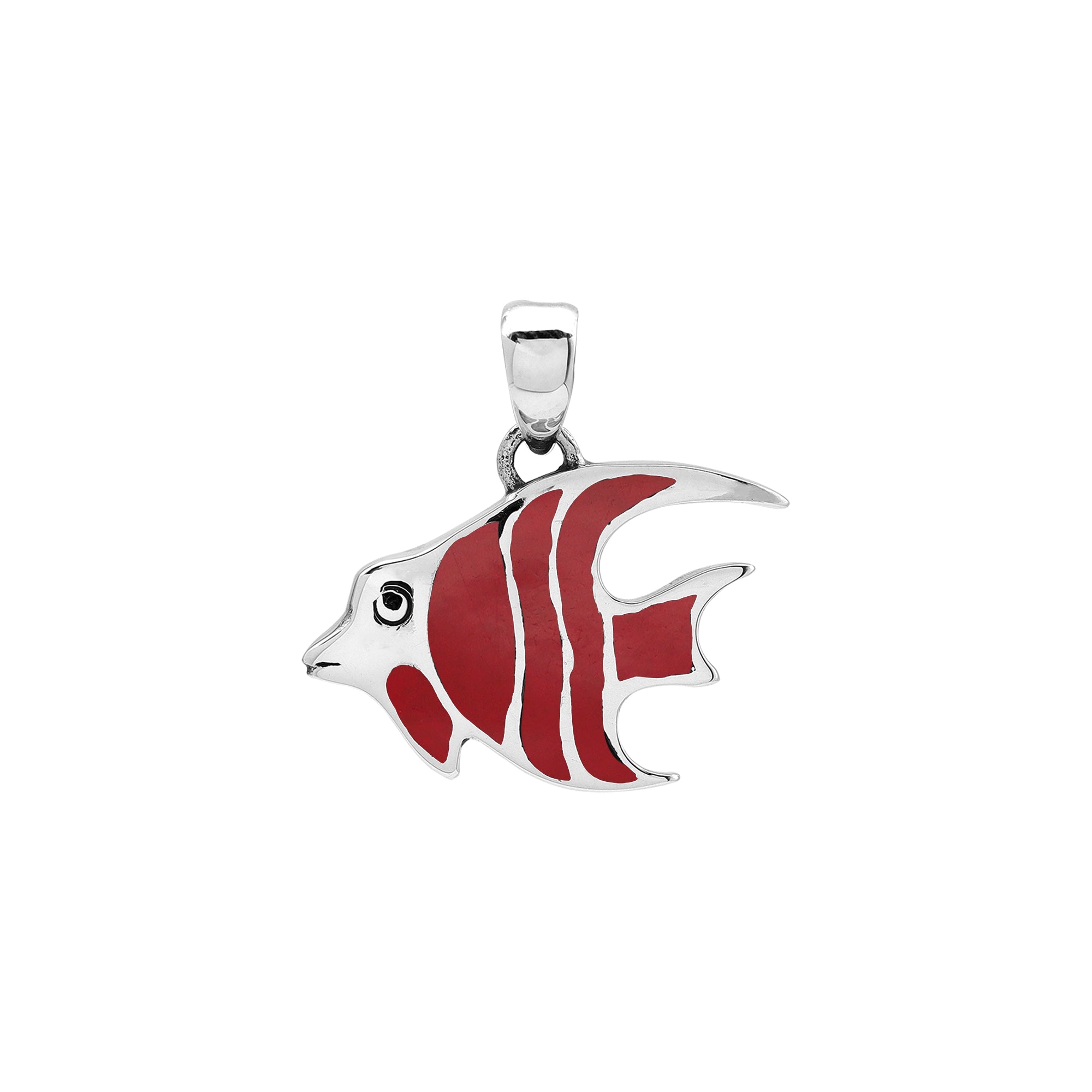 Sterling silver fish pendant with red shell inlay and Balinese detailing – wholesale jewelry