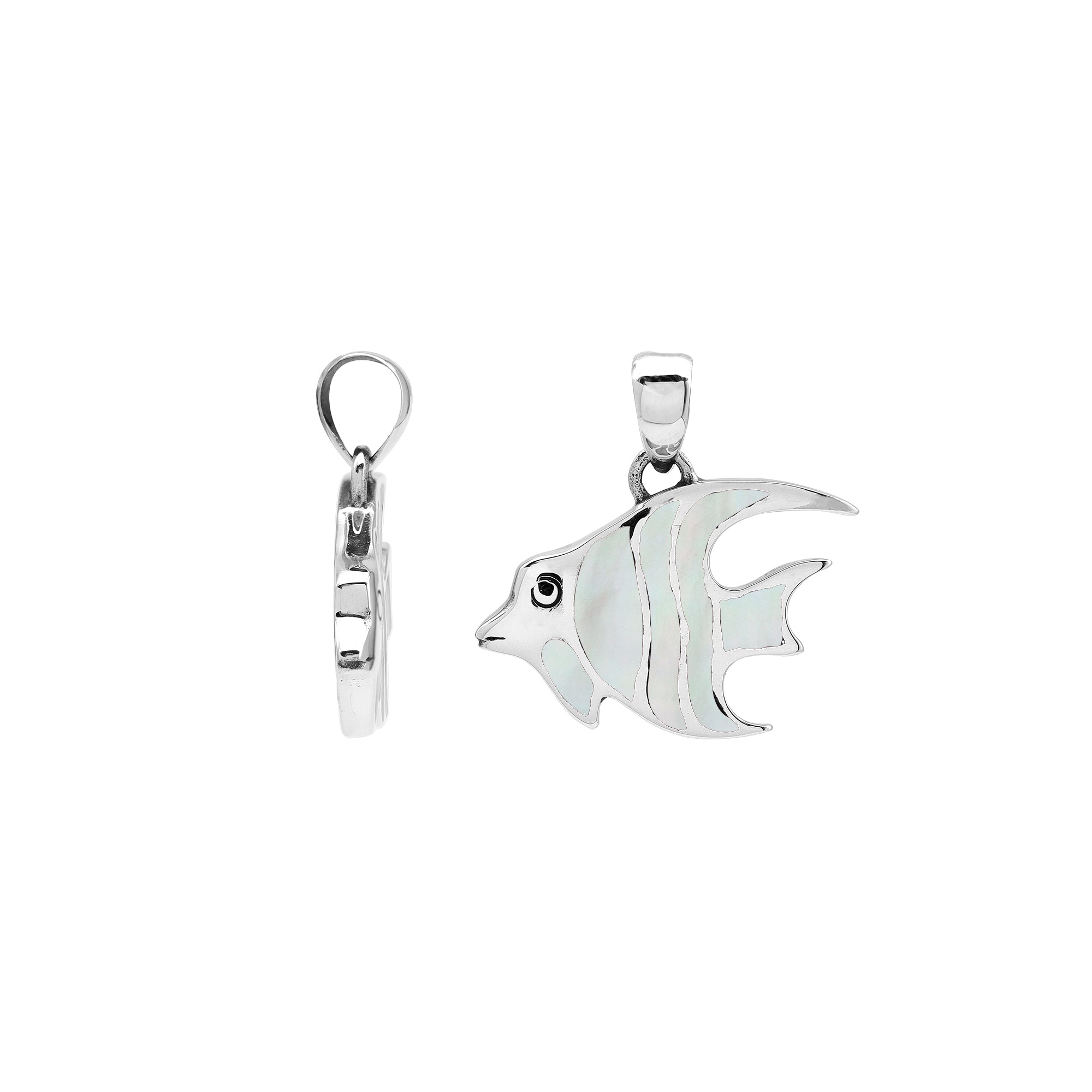 Sterling silver fish pendant with white Mother of Pearl inlay and Balinese detailing – wholesale jewelry