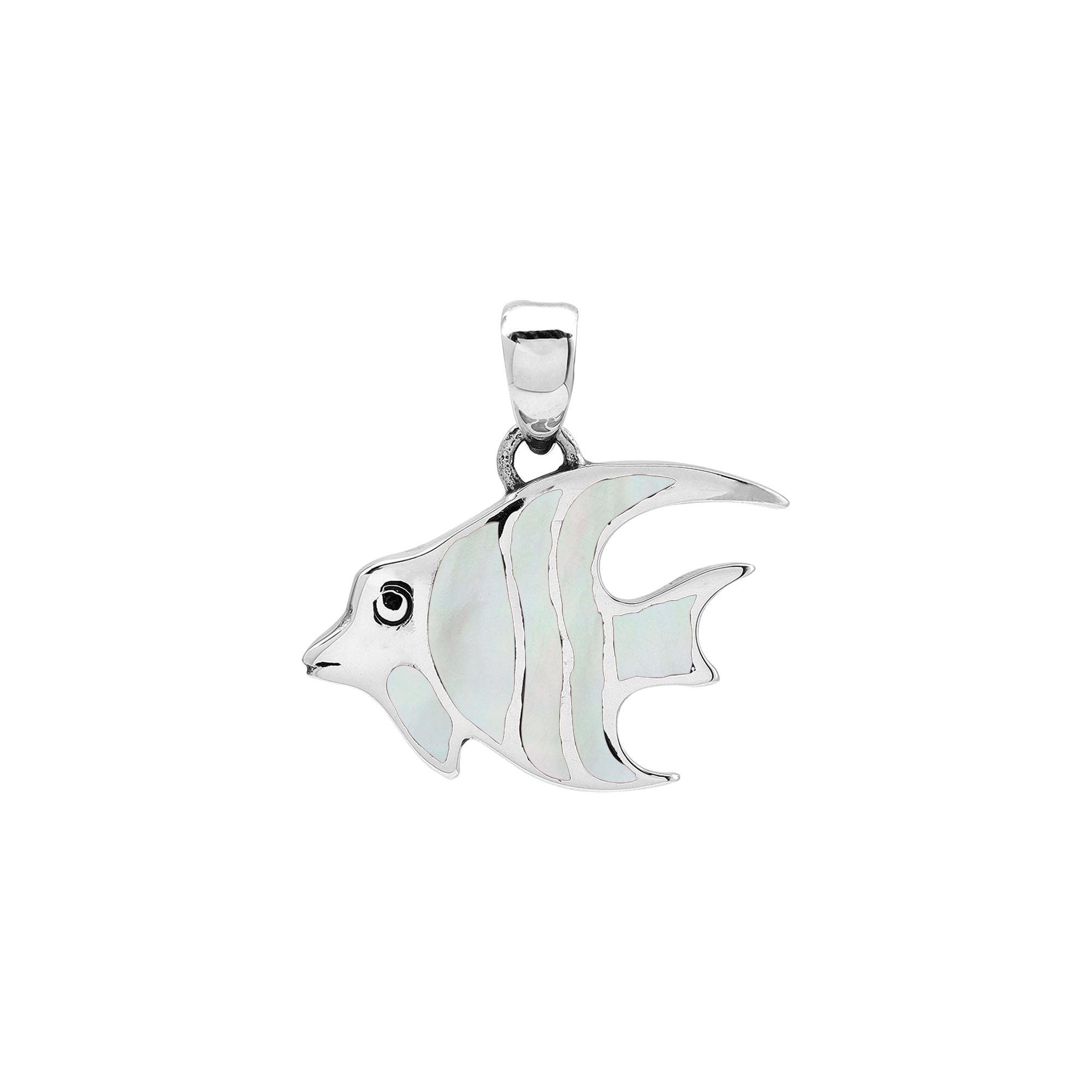 Sterling silver fish pendant with white Mother of Pearl inlay and Balinese detailing – wholesale jewelry
