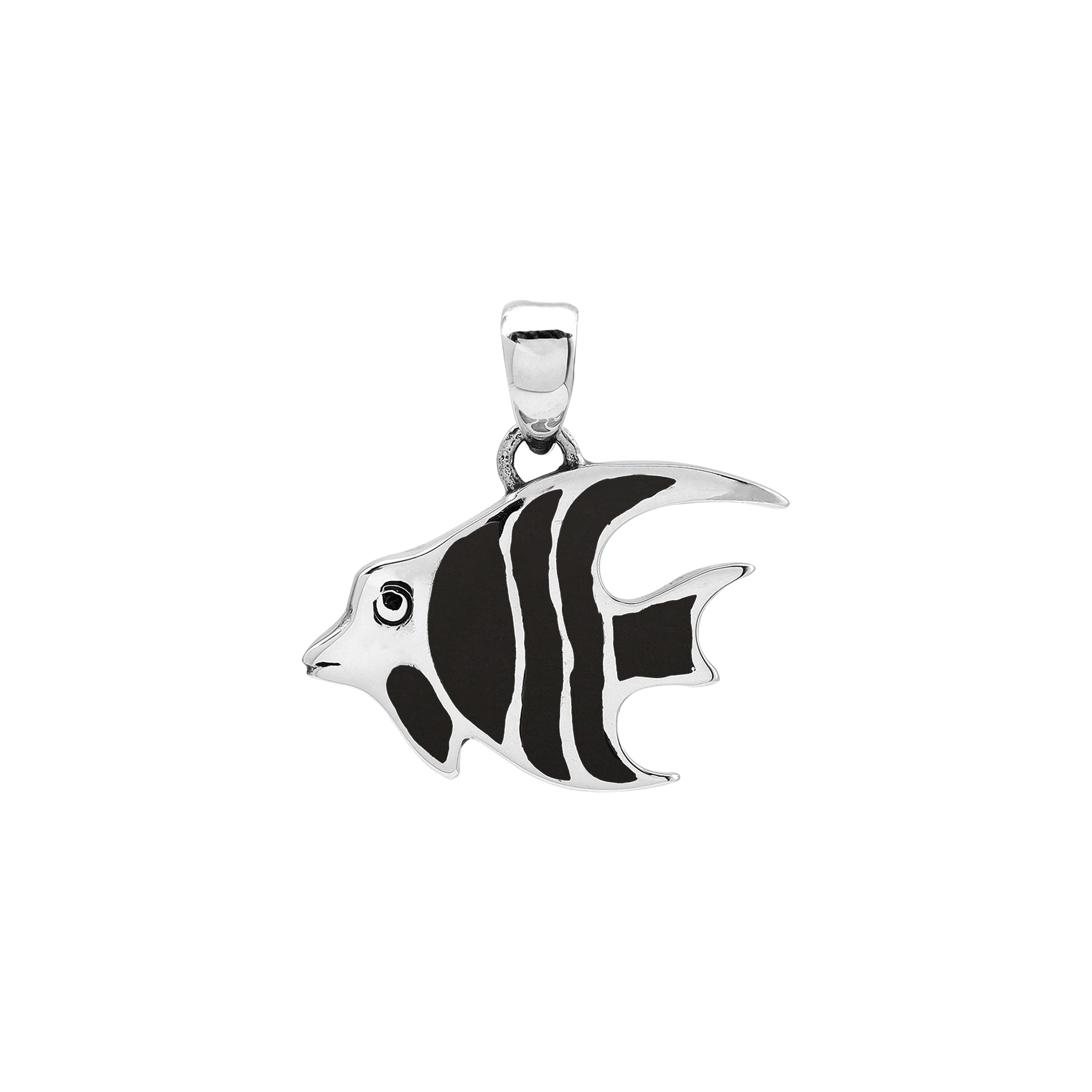 Sterling silver fish pendant with Black Shell inlay and Balinese detailing – wholesale jewelry
