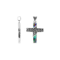 Sterling silver ornate cross pendant with abalone shell inlay and oxidized scroll detailing