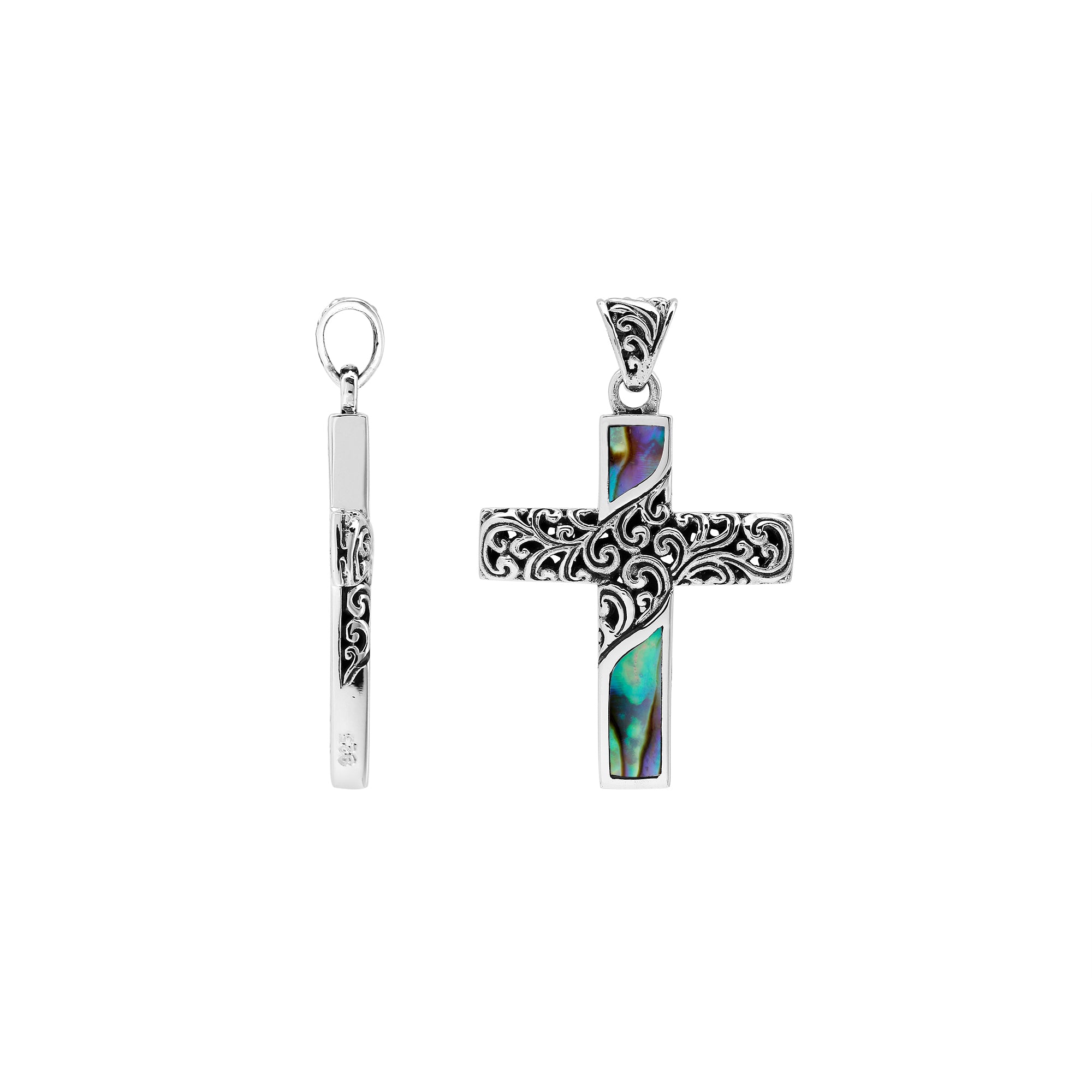 Sterling silver ornate cross pendant with abalone shell inlay and oxidized scroll detailing
