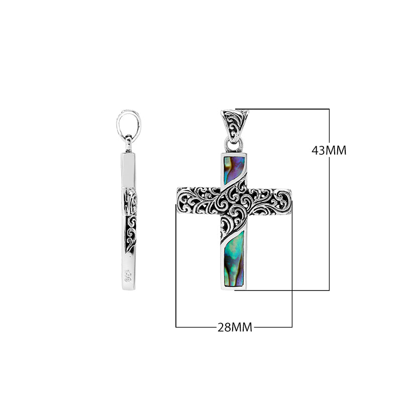 Sterling silver ornate cross pendant with abalone shell inlay and oxidized scroll detailing