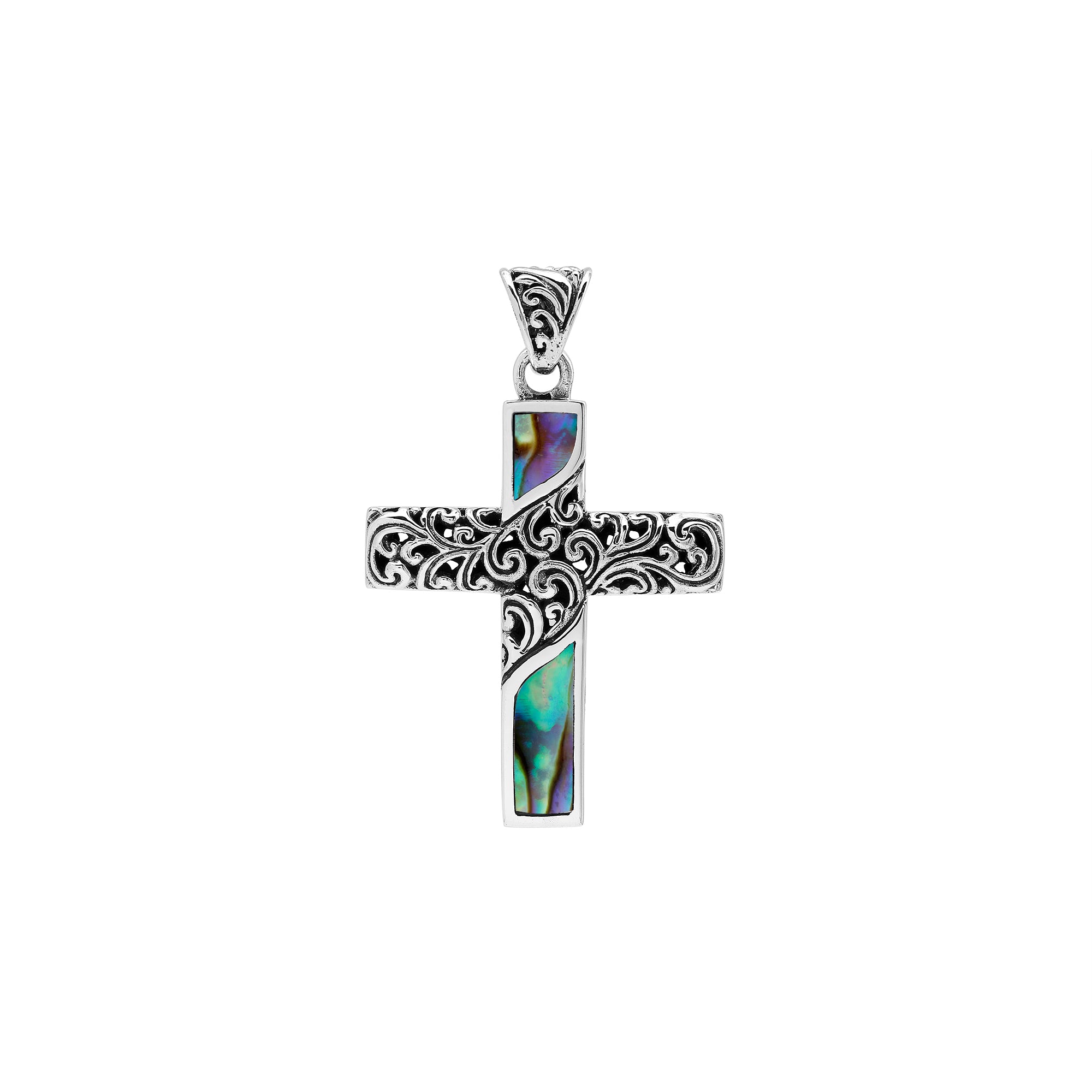 Sterling silver ornate cross pendant with abalone shell inlay and oxidized scroll detailing
