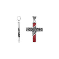 Sterling silver ornate cross pendant with red coral inlay and oxidized scroll detailing