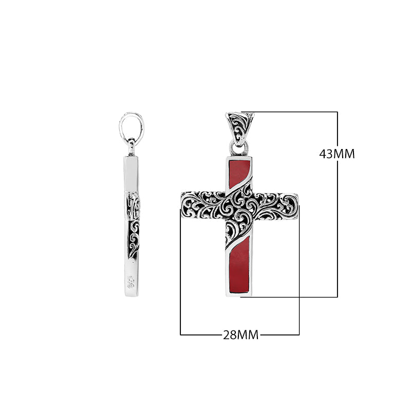 Sterling silver ornate cross pendant with red coral inlay and oxidized scroll detailing
