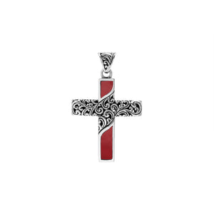 Sterling silver ornate cross pendant with red coral inlay and oxidized scroll detailing