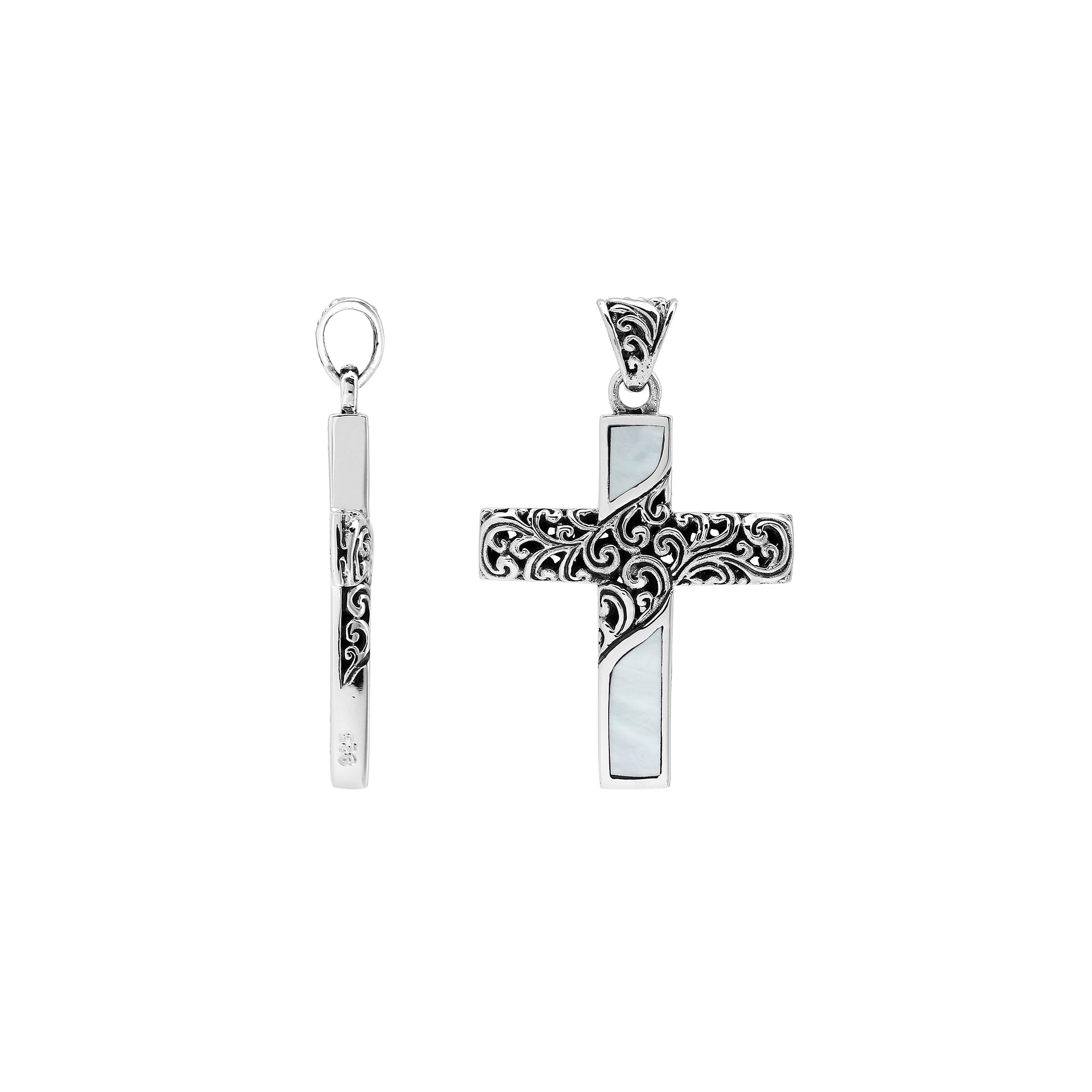 Sterling silver ornate cross pendant with mother of pearl inlay and oxidized scroll detailing