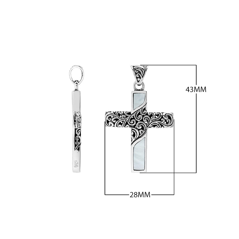 Sterling silver ornate cross pendant with mother of pearl inlay and oxidized scroll detailing