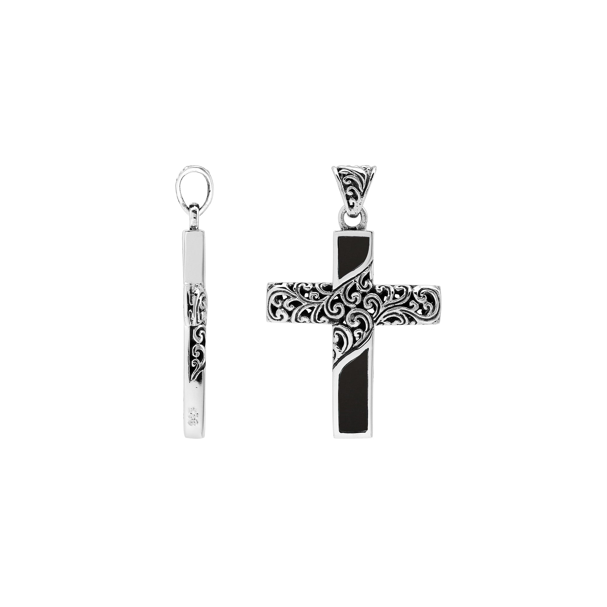 Sterling silver ornate cross pendant with black shell inlay and oxidized scroll detailing