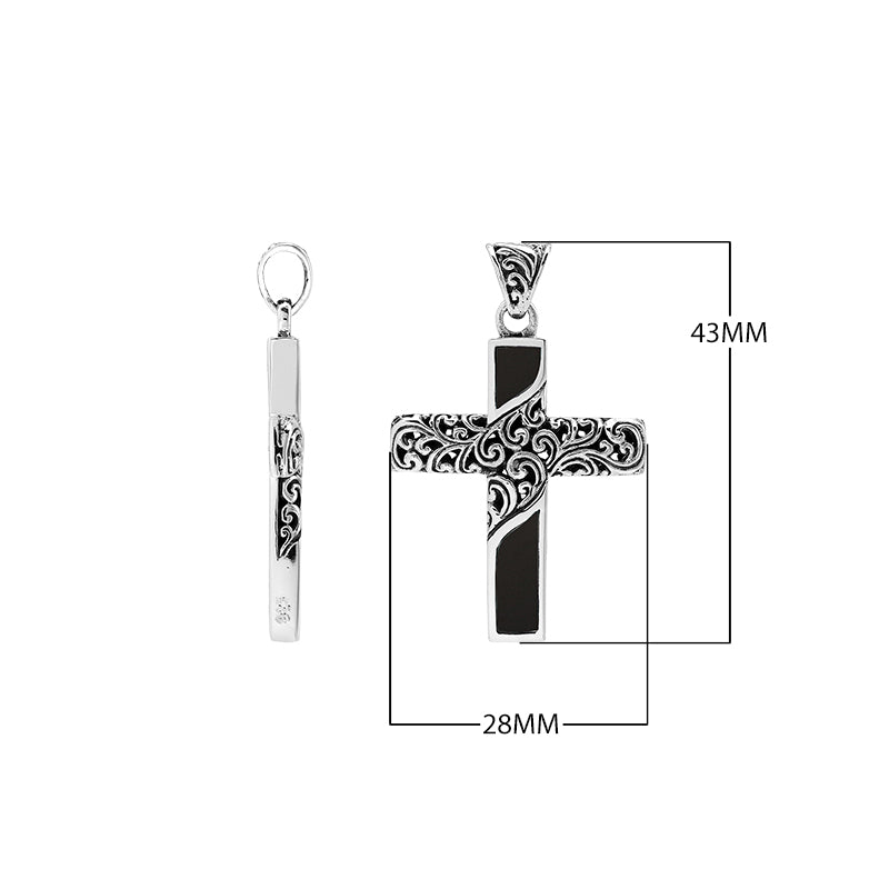 Sterling silver ornate cross pendant with black shell inlay and oxidized scroll detailing