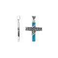 Sterling silver ornate cross pendant with turquoise shell inlay and oxidized scroll detailing
