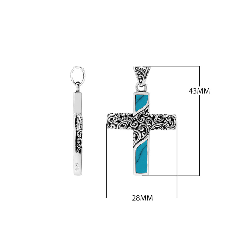 Sterling silver ornate cross pendant with turquoise shell inlay and oxidized scroll detailing
