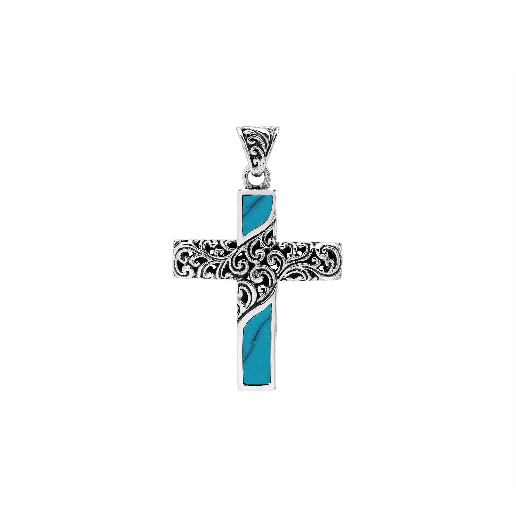 Sterling silver ornate cross pendant with turquoise shell inlay and oxidized scroll detailing