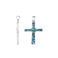 Sterling silver geometric cross pendant with abalone shell inlay and polished finish