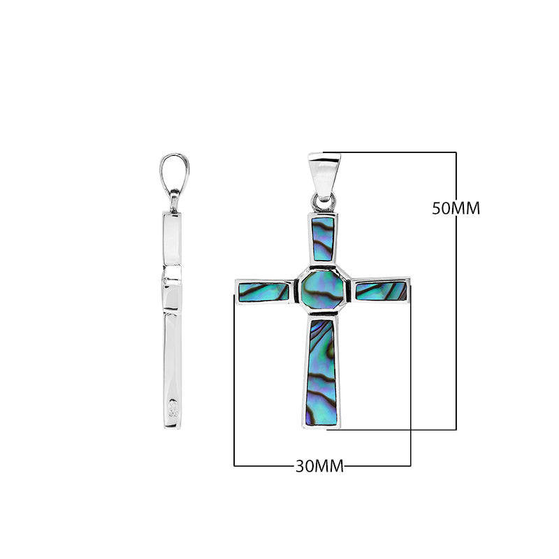 Sterling silver geometric cross pendant with abalone shell inlay and polished finish