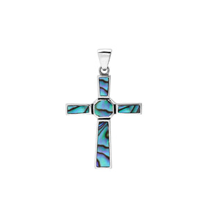 Sterling silver geometric cross pendant with abalone shell inlay and polished finish