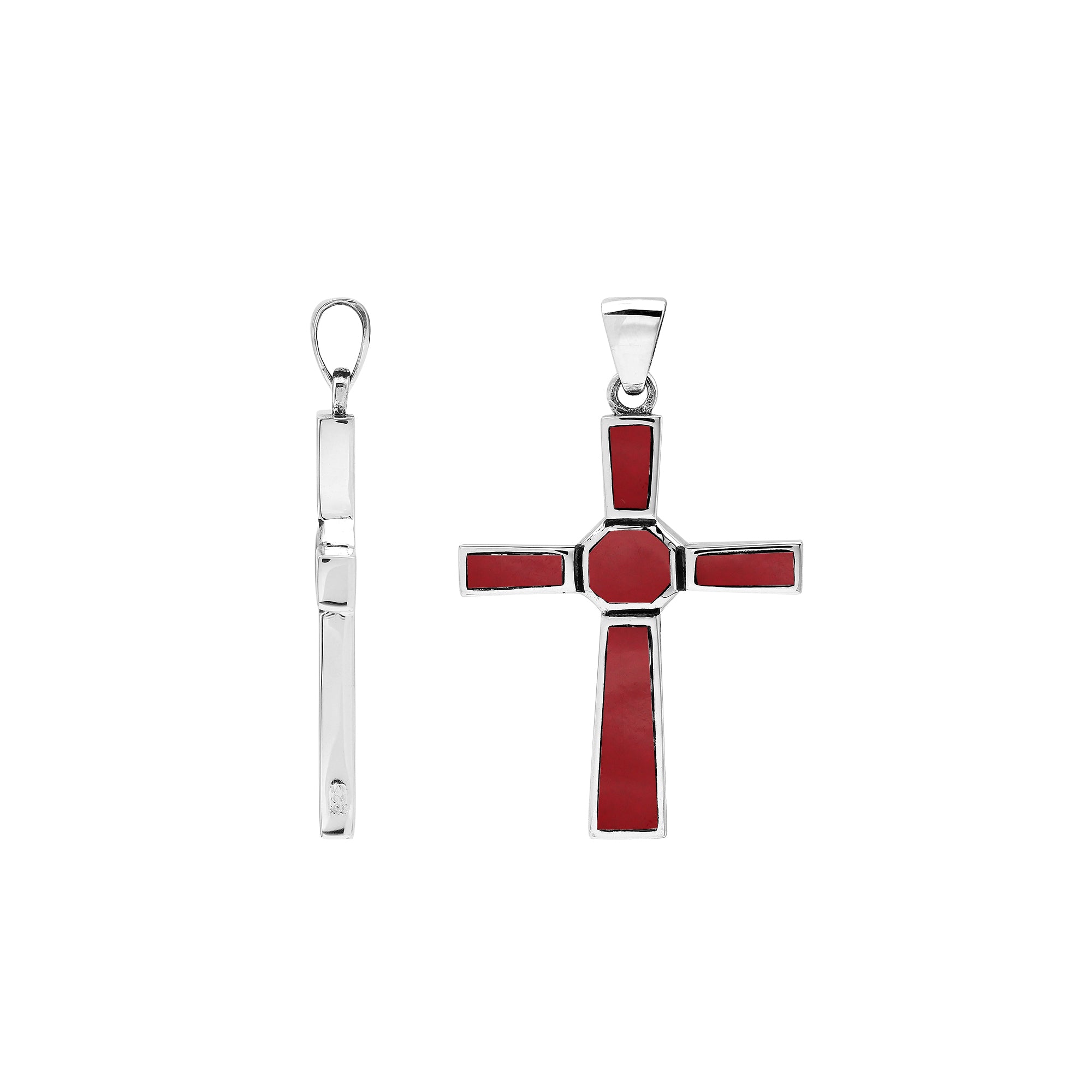 Sterling silver geometric cross pendant with red coral inlay and polished finish