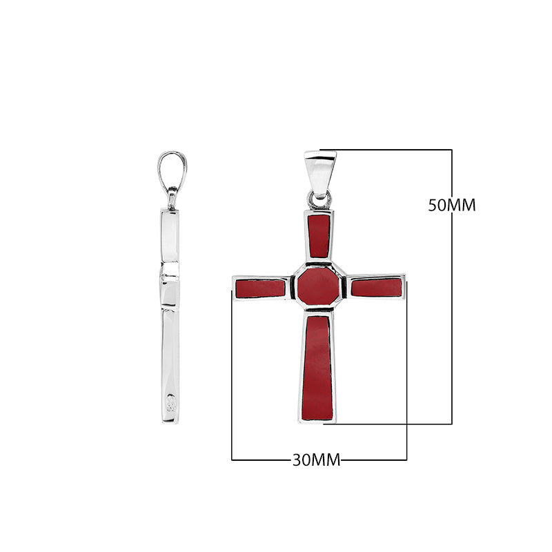 Sterling silver geometric cross pendant with red coral inlay and polished finish