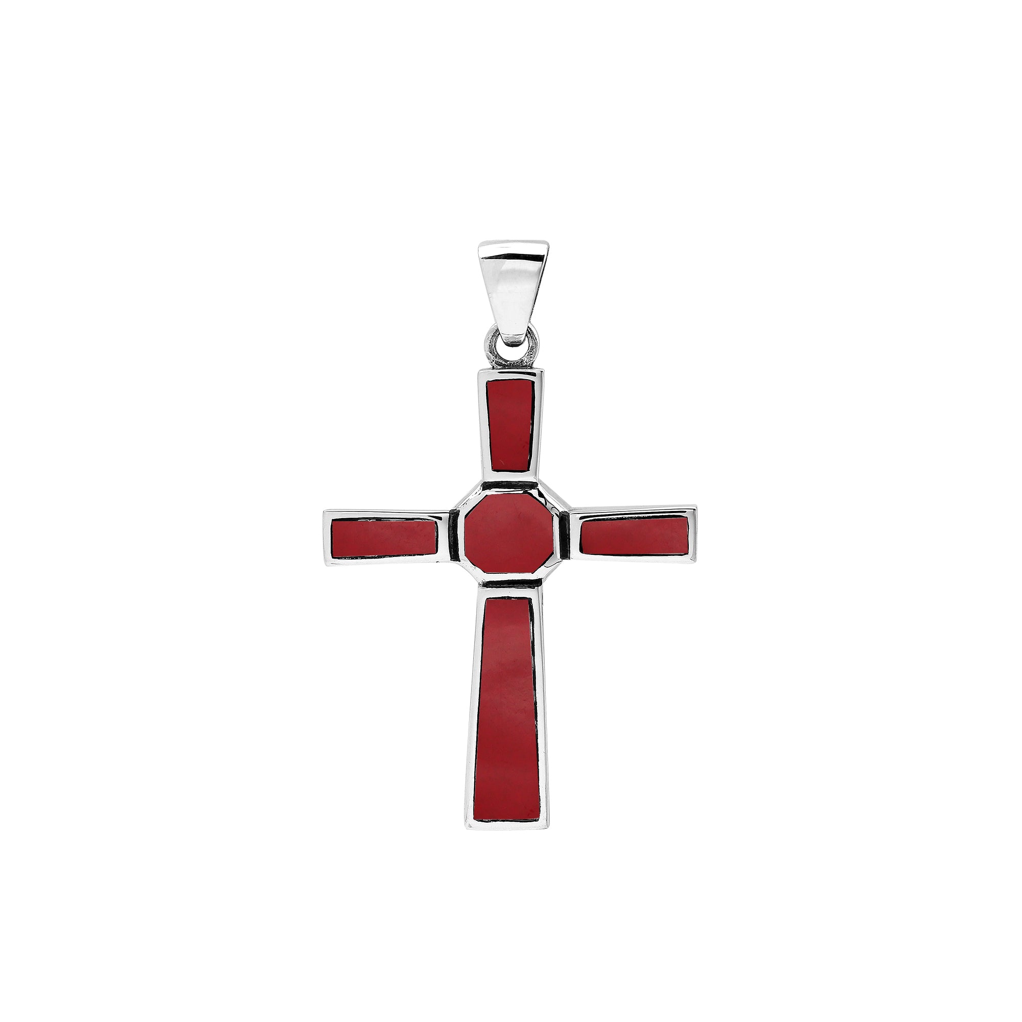 Sterling silver geometric cross pendant with red coral inlay and polished finish