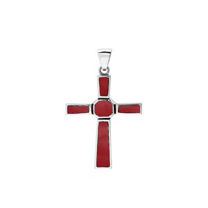Sterling silver geometric cross pendant with red coral inlay and polished finish