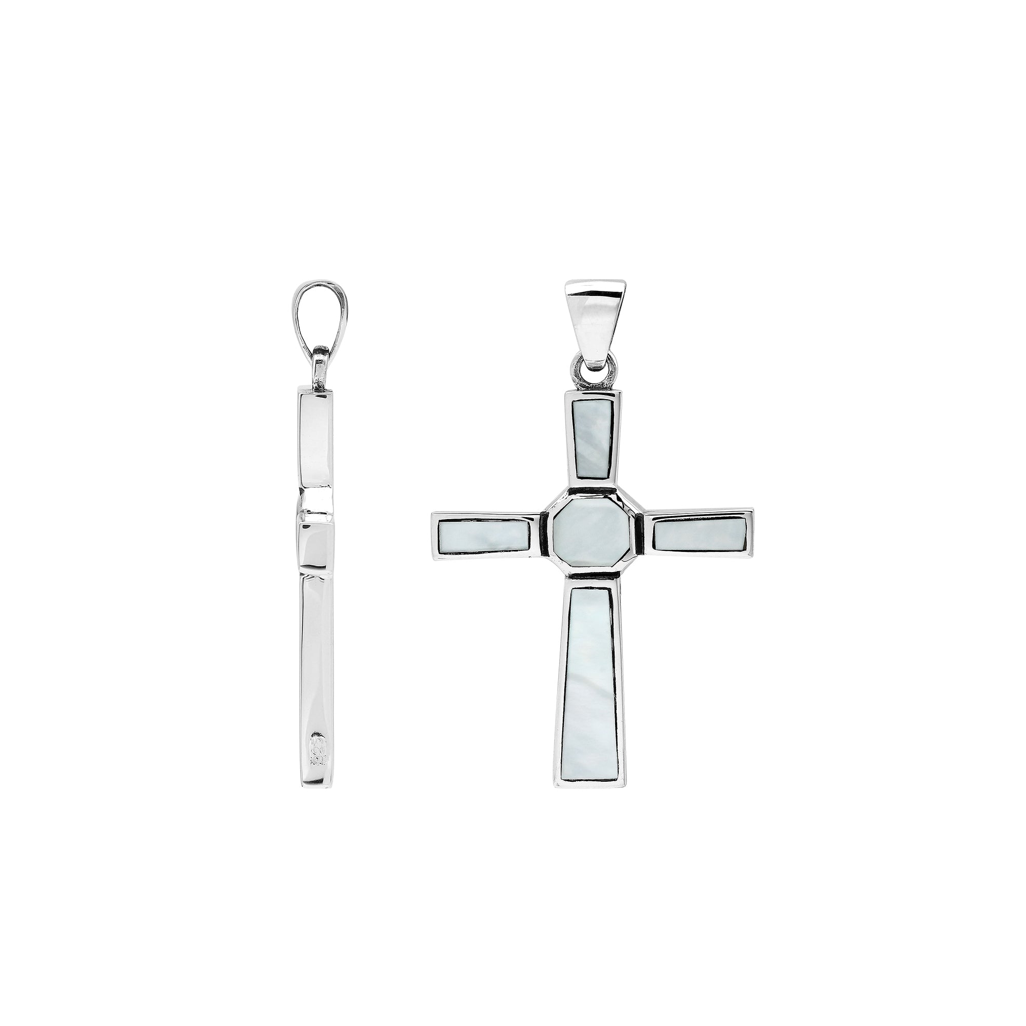 Handcrafted sterling silver mother of pearl cross pendant with modern geometric design