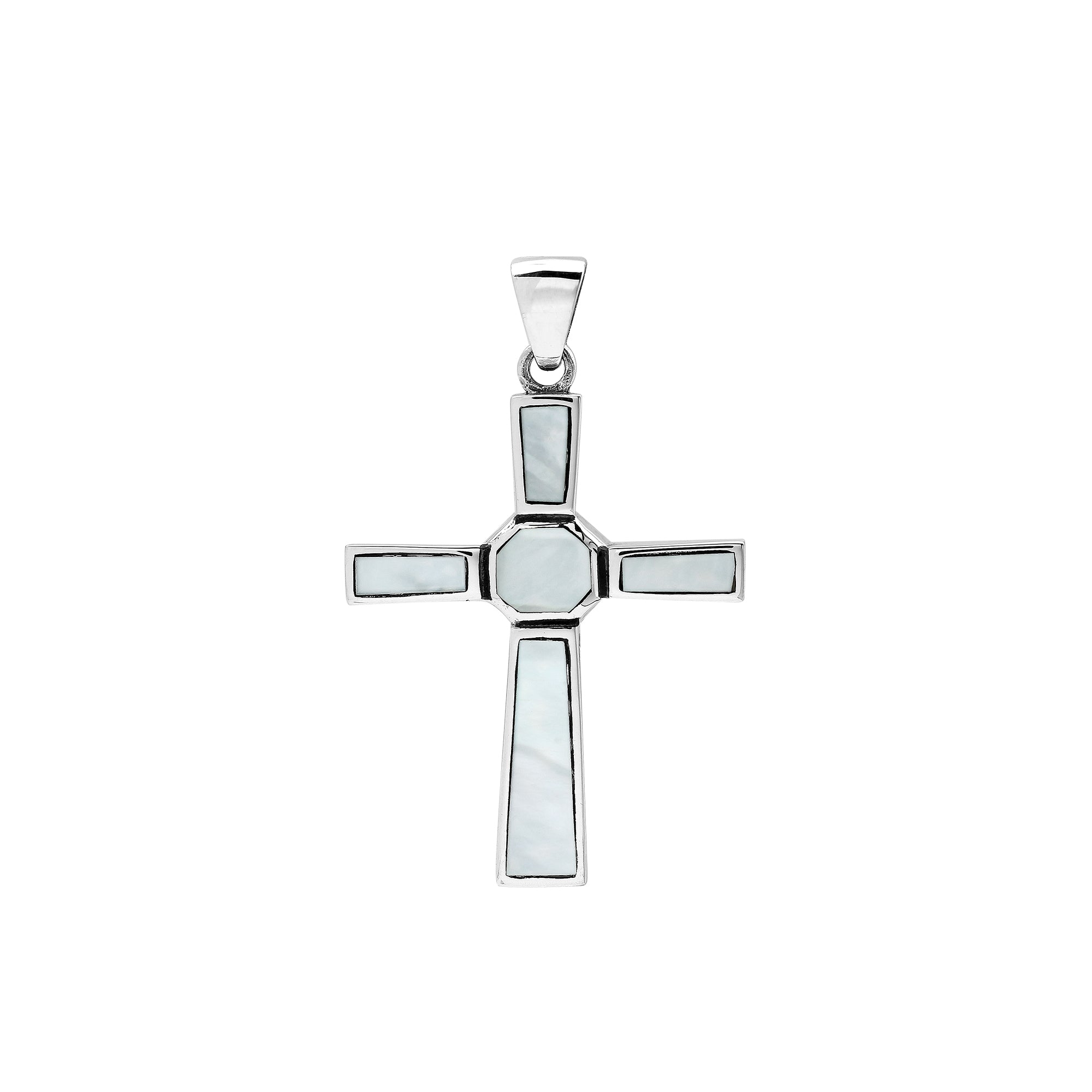 Handcrafted sterling silver mother of pearl cross pendant with modern geometric design