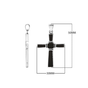 Sterling silver geometric cross pendant with black shell inlay and polished finish